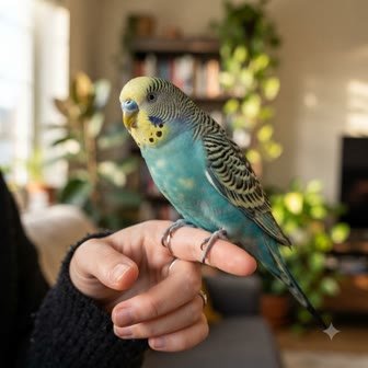 A teal-colored budgerigar perched on its owner's hand indoors