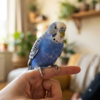A blue budgerigar perched on a fingertip in close-up