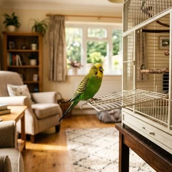 A green budgerigar perched at the open door of its cage in a living room