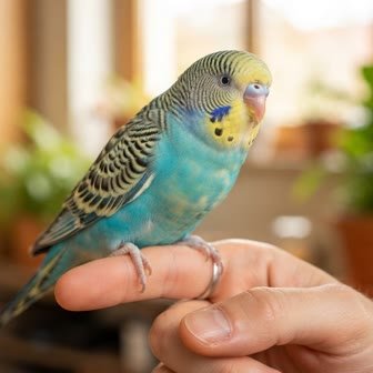 A teal-green budgerigar perched on a hand near a bookshelf
