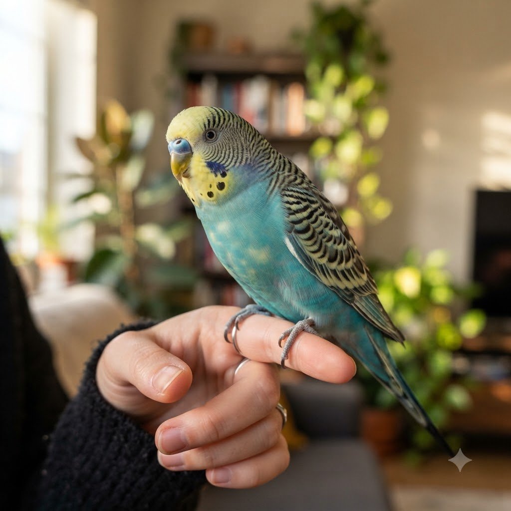 A budgie perched and alert
