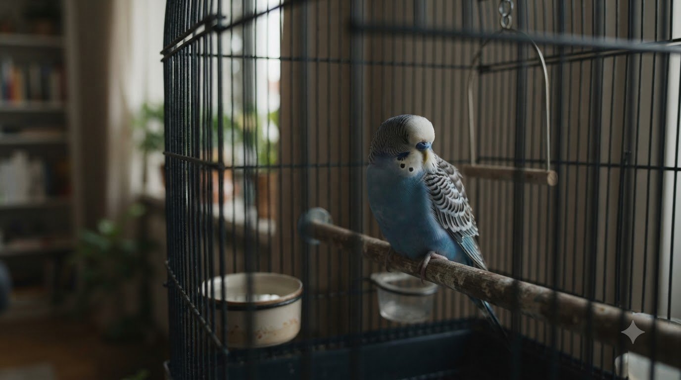 A quiet, calmly perched budgie inside its cage