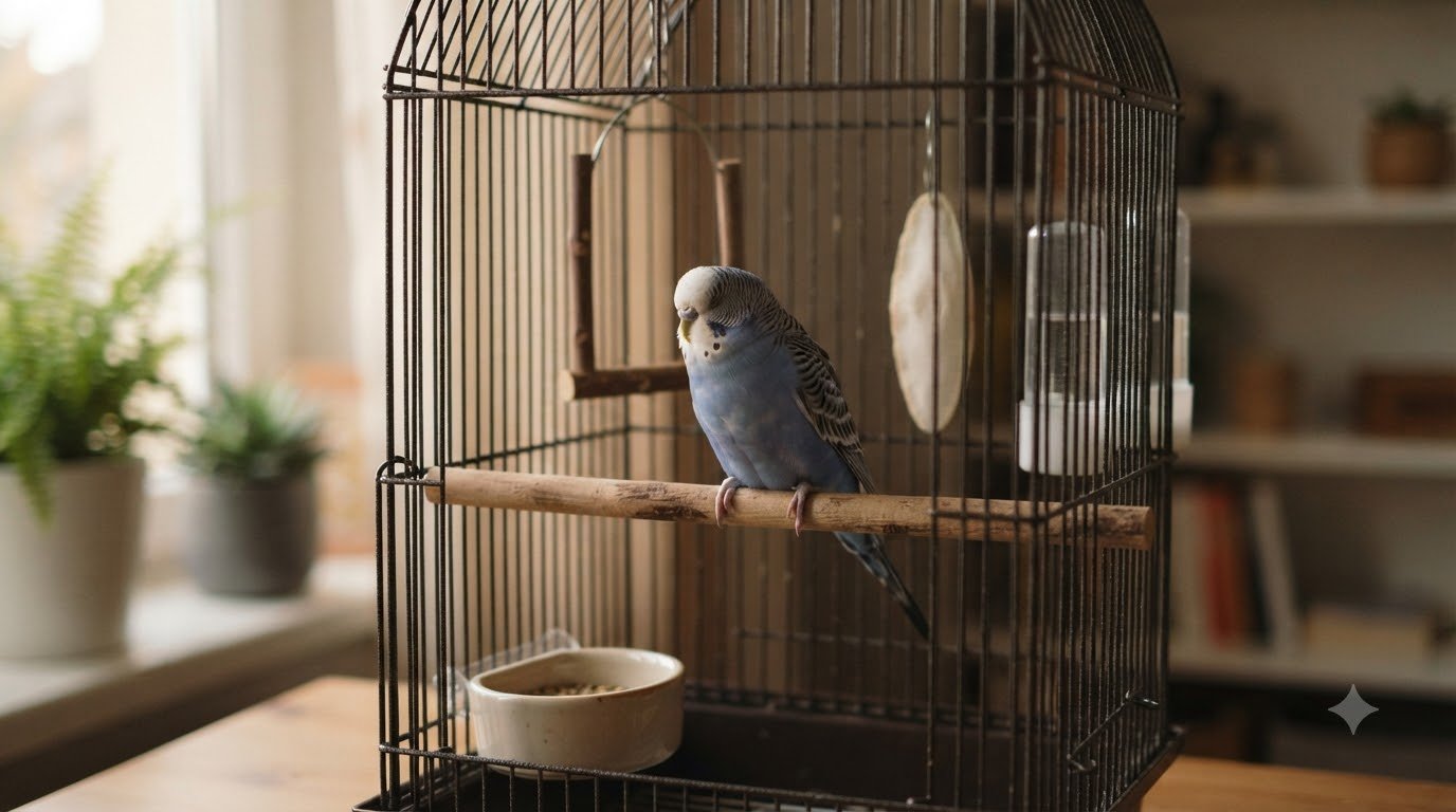 A quiet budgie perched inside its cage