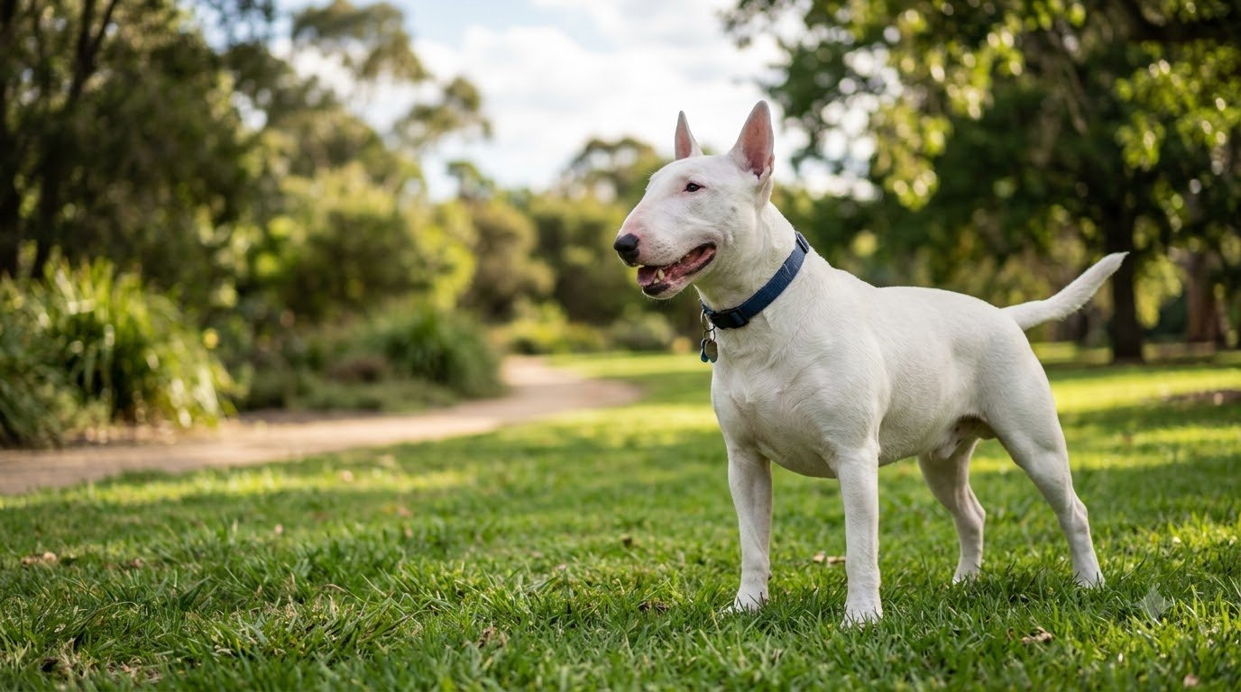 A white Bull Terrier with a distinctive egg-shaped head standing outdoors on grass