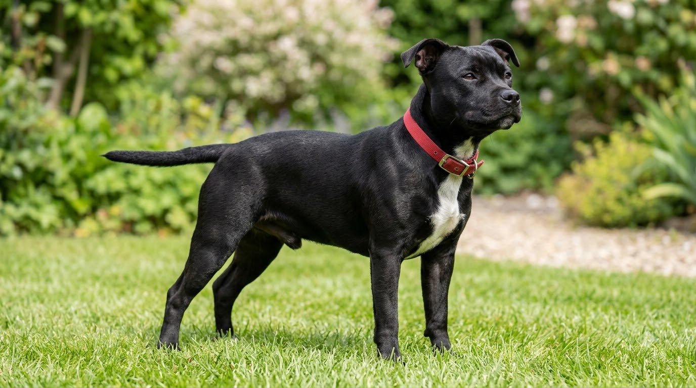 A Staffordshire Bull Terrier standing alert outdoors on grass