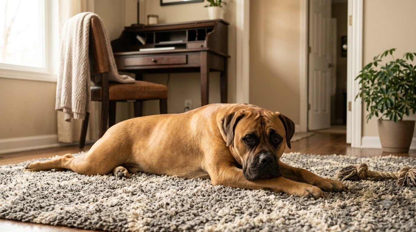A Bullmastiff resting calmly indoors on a rug