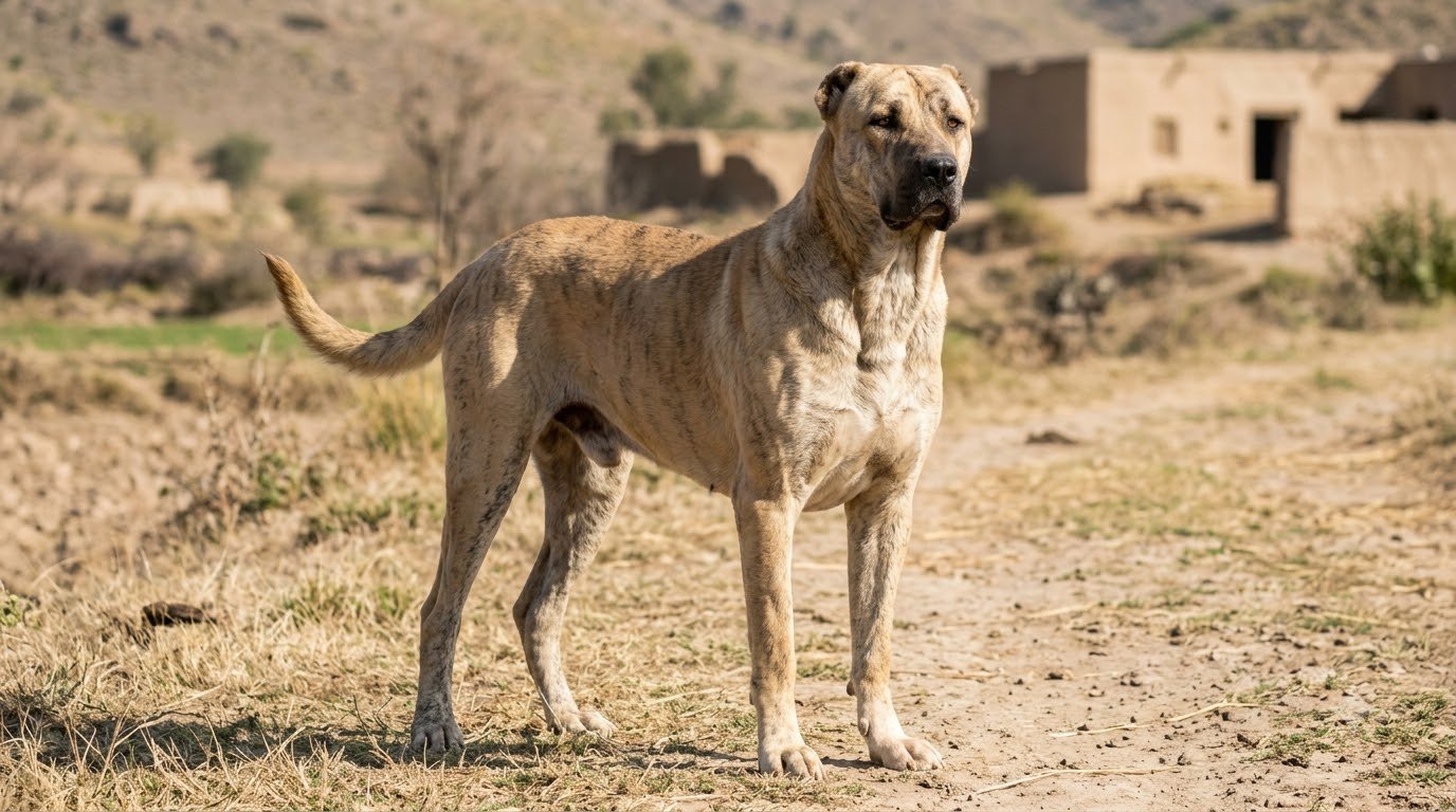 A Bully Kutta standing alert outdoors in a rural farmland setting