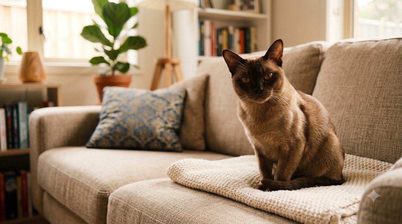 A sable brown Burmese cat sitting on a sofa indoors