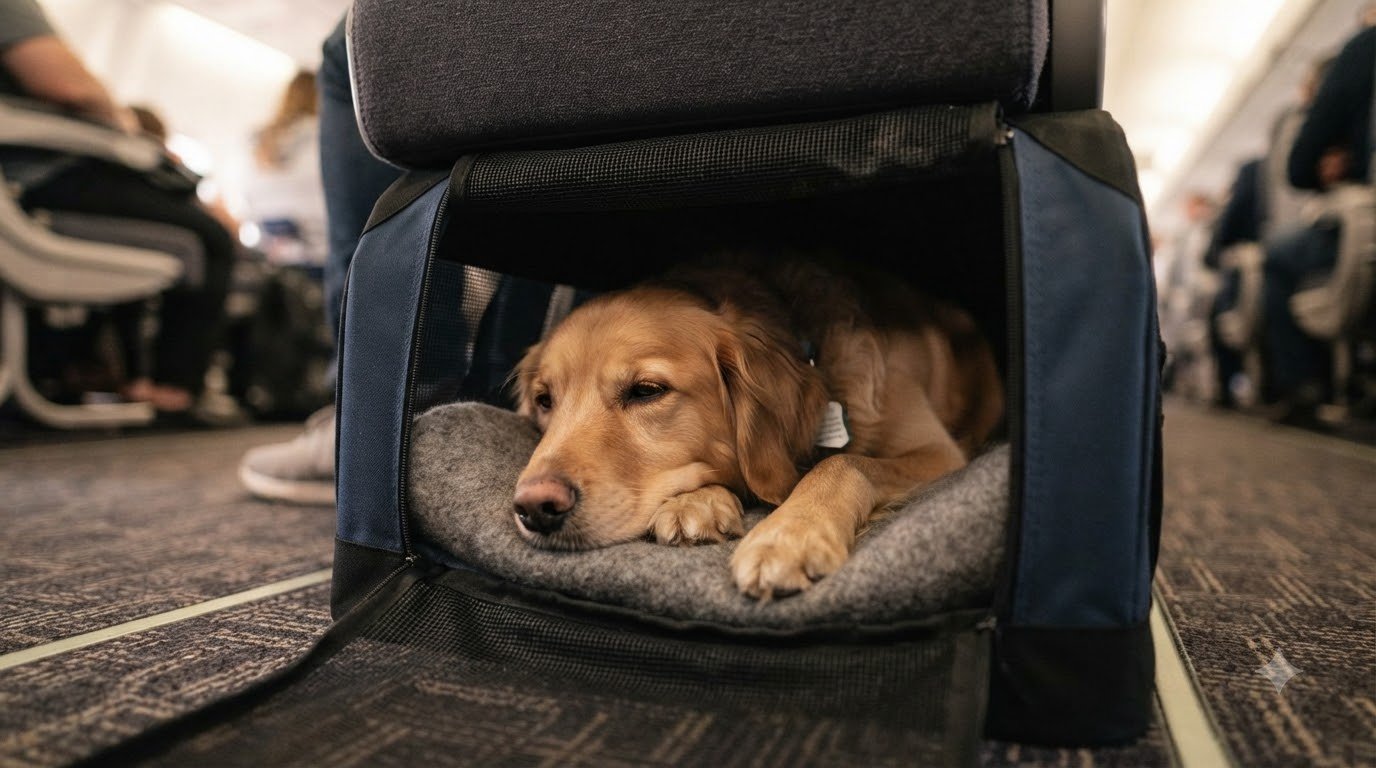 A calm dog prepared for a long international flight