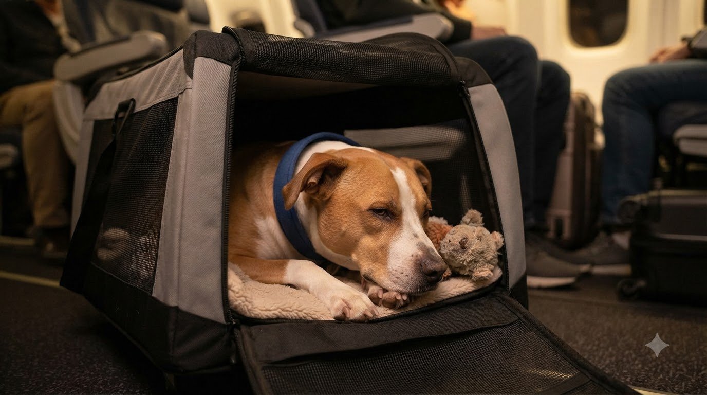 A dog resting calmly inside a travel carrier
