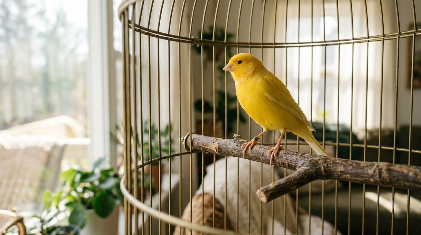 A yellow canary perched on a branch inside a bird cage
