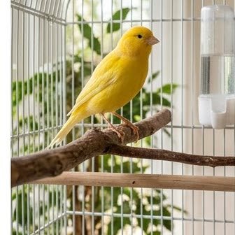 A yellow canary perched inside a bright bird cage