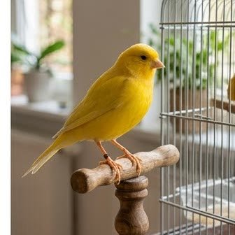 A canary perched on a wooden stand beside its cage