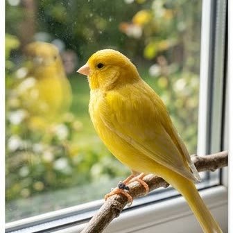 A canary perched on a branch near a window