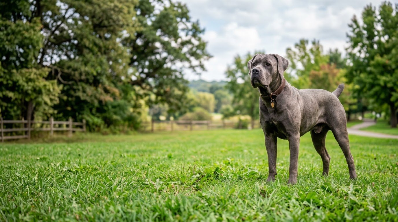 A gray Cane Corso standing alertly outdoors on grass