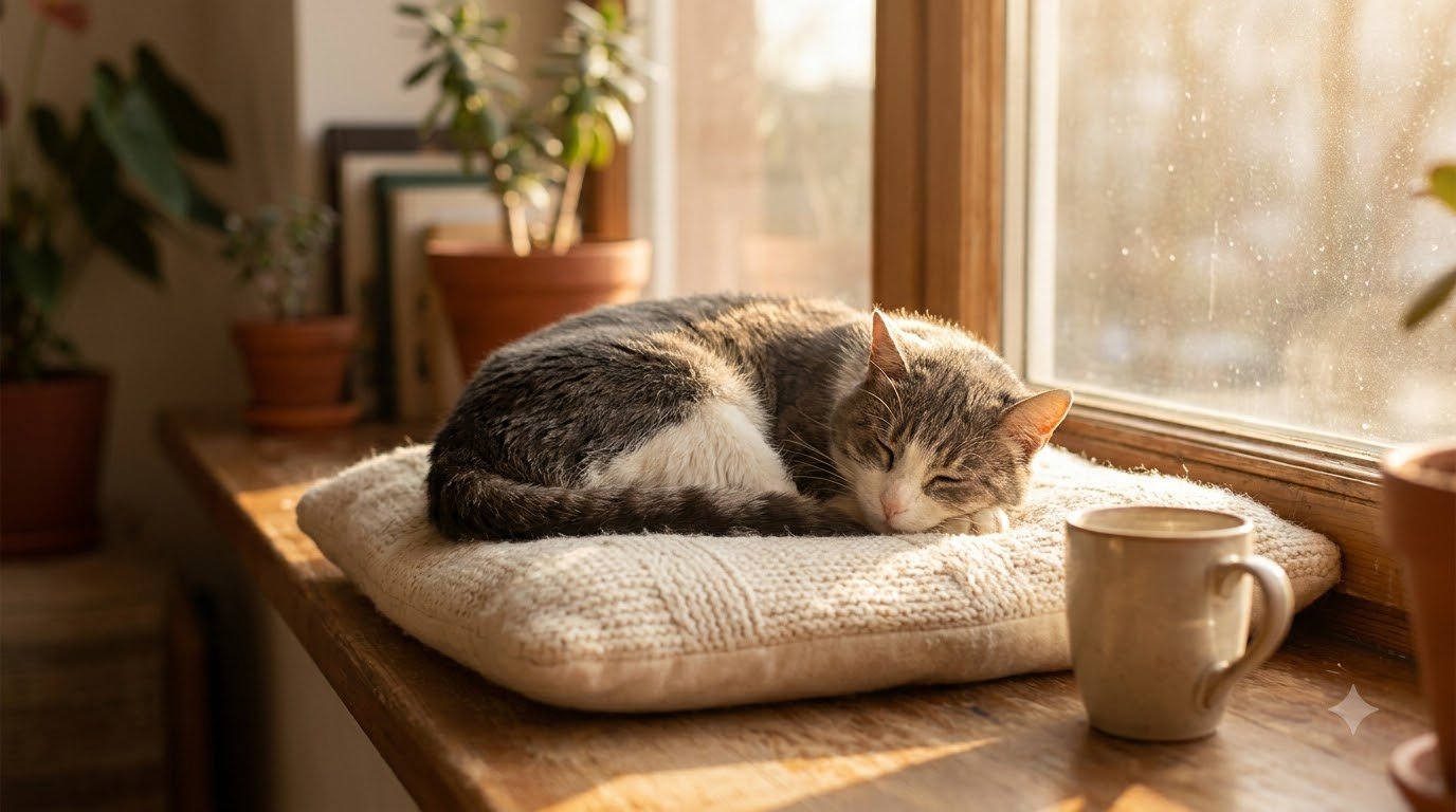 A cat curled up asleep on a cushioned windowsill in warm afternoon light