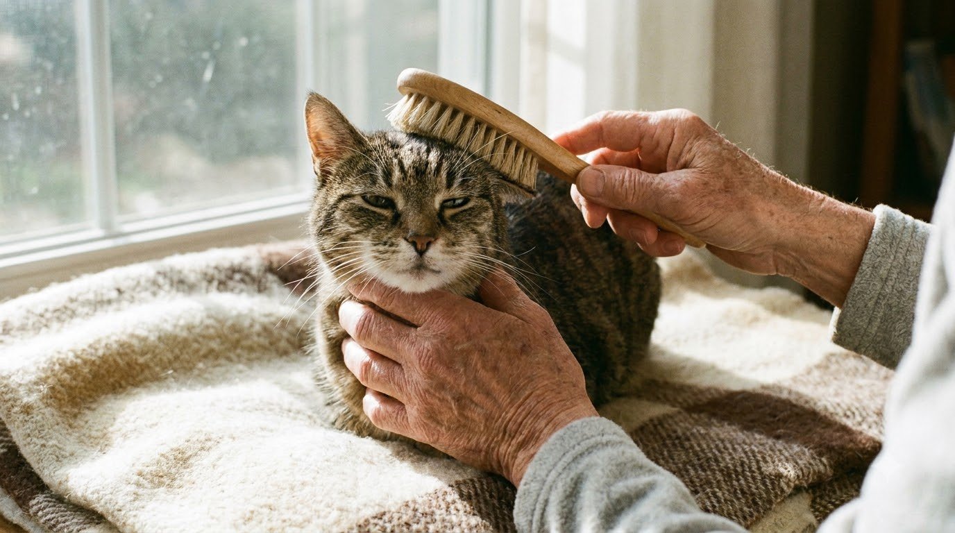 A person gently brushing an older tabby cat resting on a blanket near a window