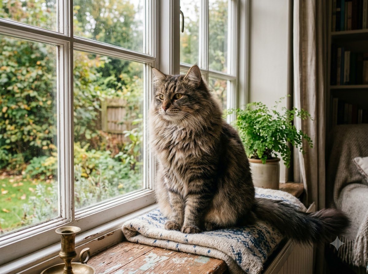 A long-haired tabby cat sitting upright on a windowsill looking outside