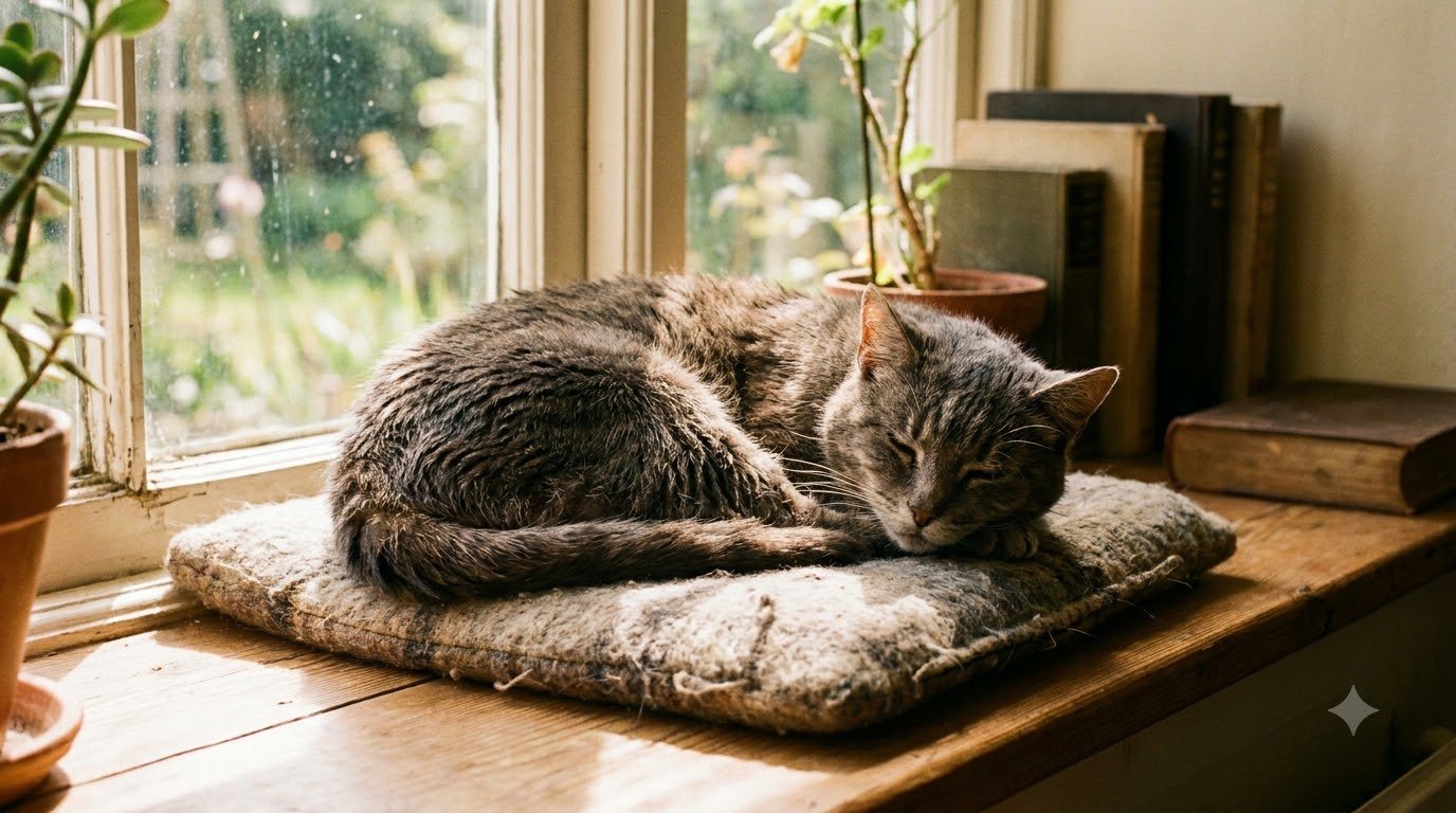 A senior gray tabby cat curled up asleep on a cushion in a sunlit window
