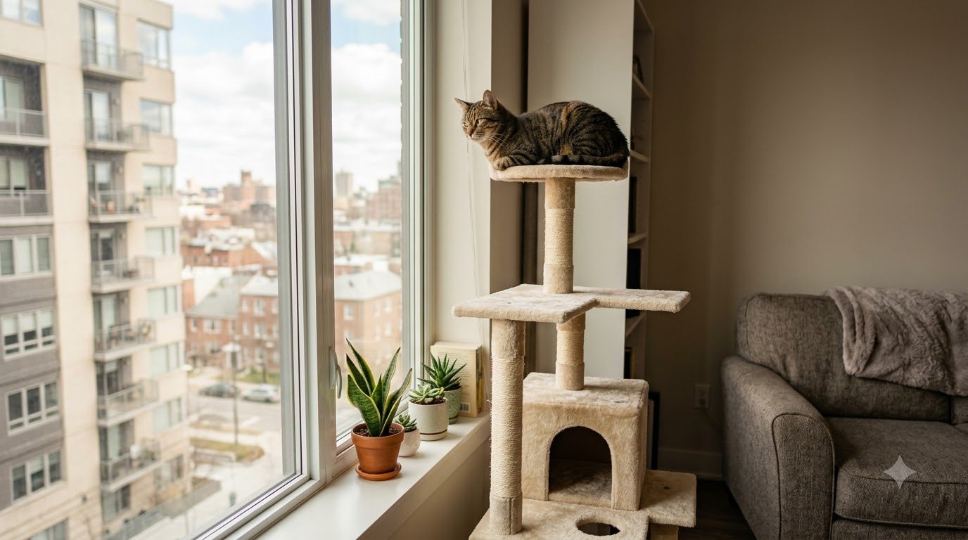 A tabby cat perched on a cat tree looking out an apartment window