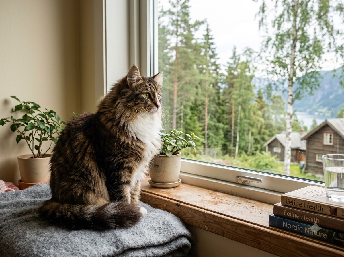 A long-haired tabby cat sitting on a windowsill looking out at a forest view
