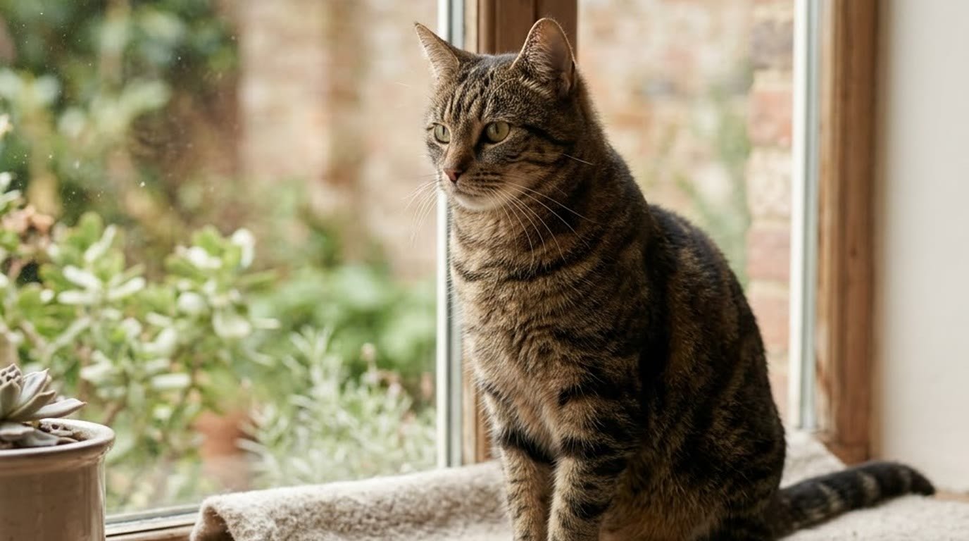 A tabby cat sitting attentively on a windowsill