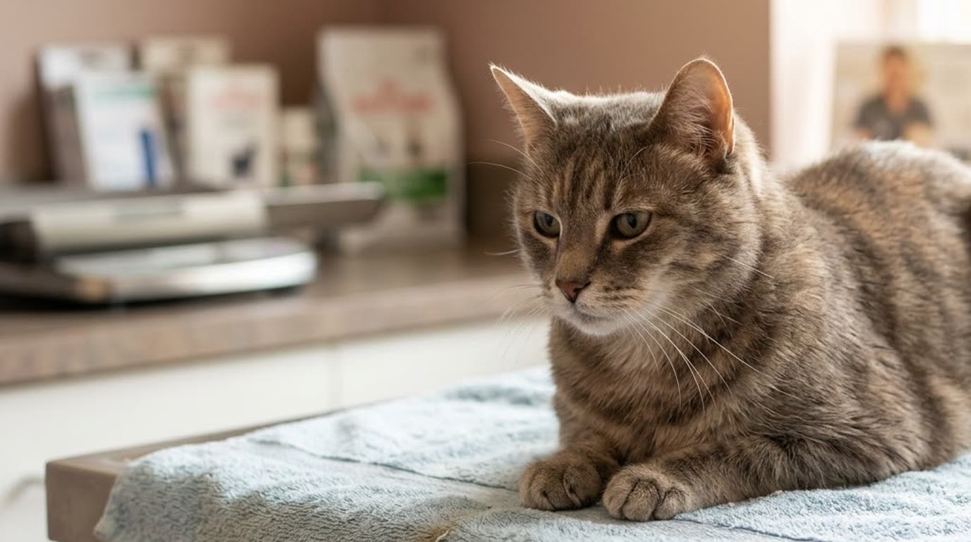 A tabby cat resting on a towel at a vet clinic