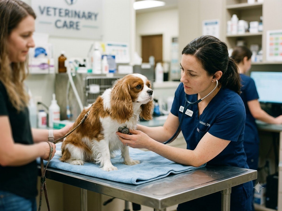 A Cavalier King Charles Spaniel being examined by a vet