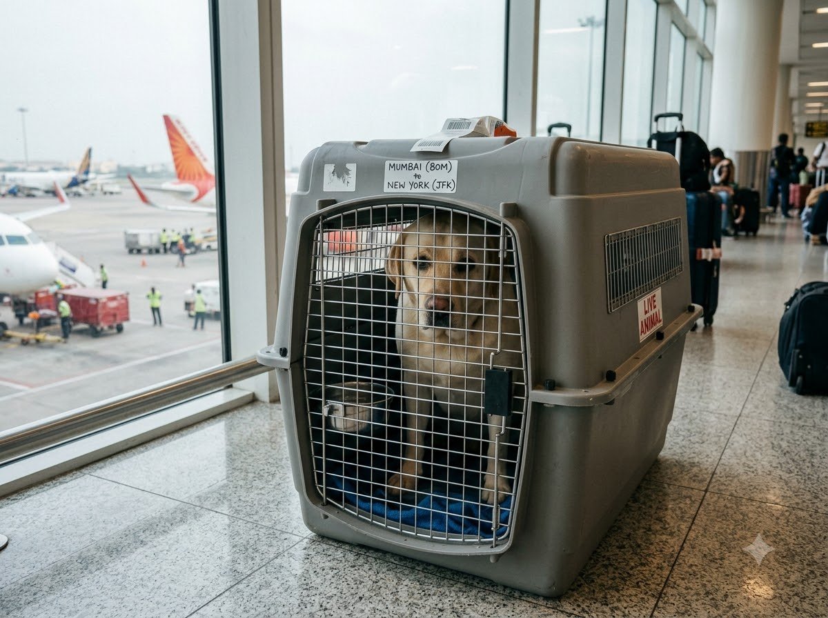 A Labrador Retriever sitting inside a travel crate at an airport gate with a Mumbai to New York tag attached