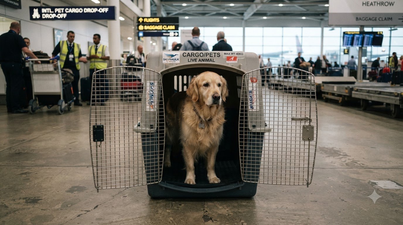 A Golden Retriever standing inside an open travel crate at an airport cargo terminal
