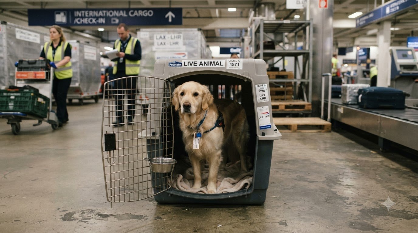 A dog inside a travel crate at an international cargo check-in area of an airport