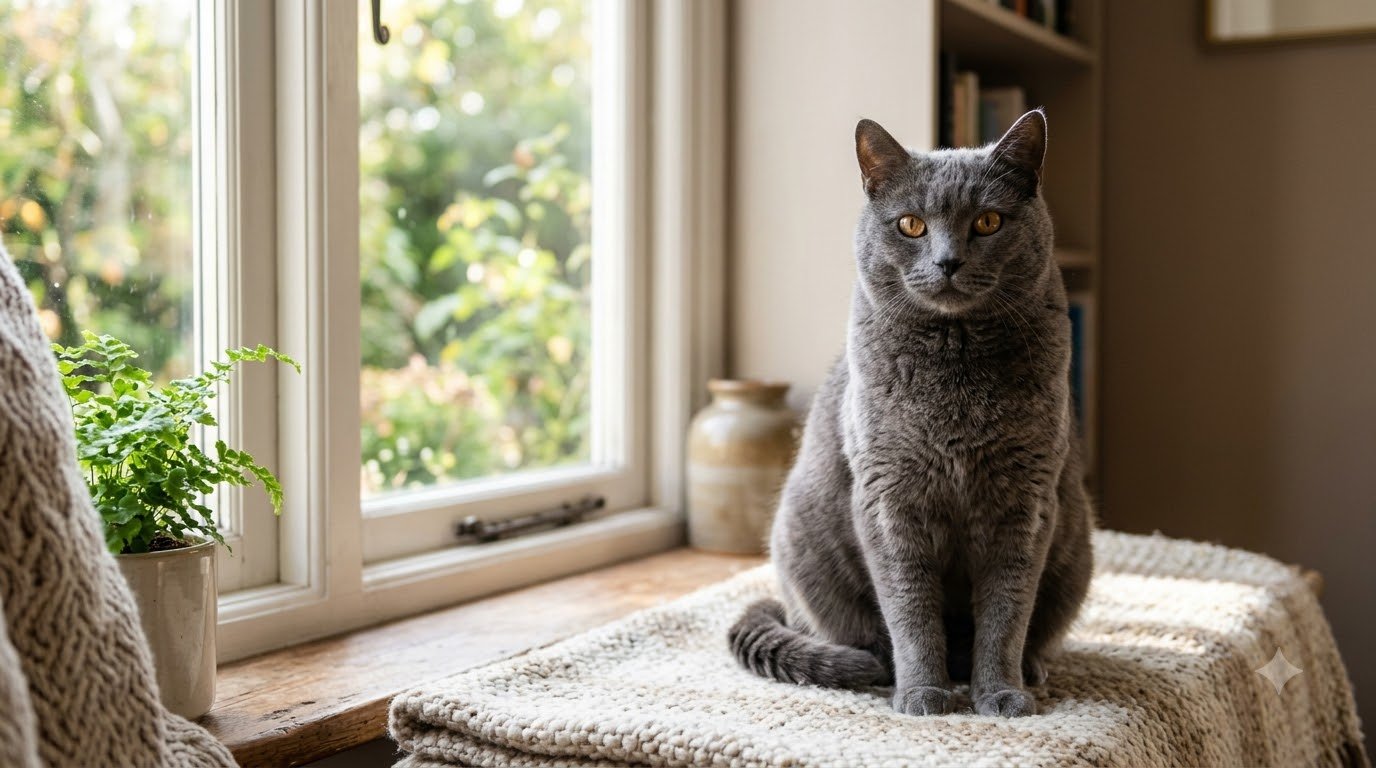 A blue-gray Chartreux cat sitting calmly indoors near a window