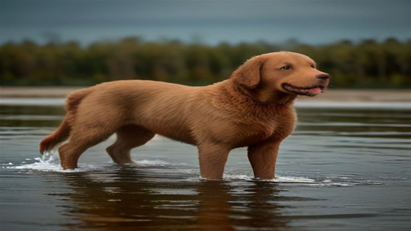 A Chesapeake Bay Retriever with a wavy brown coat standing outdoors near water