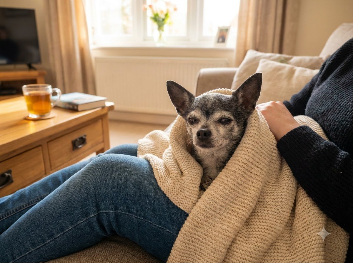 A Chihuahua wrapped in a soft blanket on someone's lap
