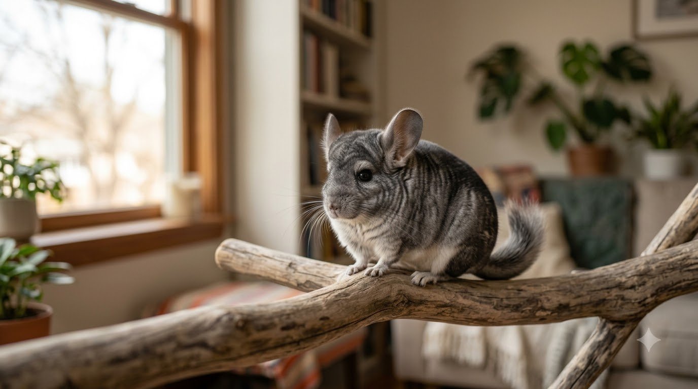 A grey chinchilla with dense fur sitting alert on a perch indoors