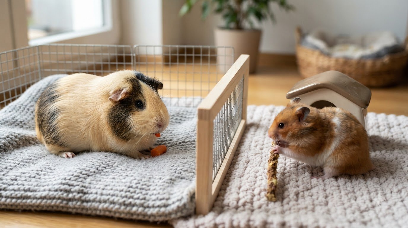 A guinea pig and a hamster together indoors on a soft blanket