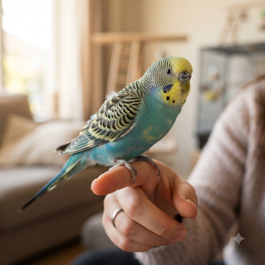 A budgie perched calmly on an owner's hand indoors