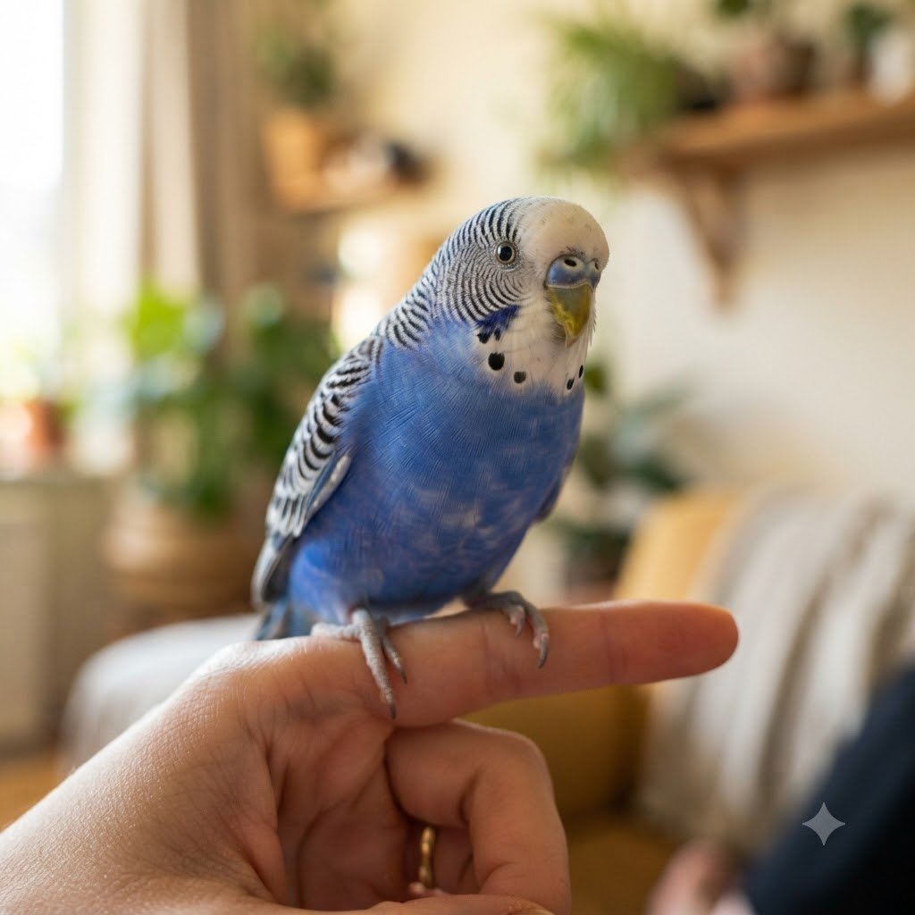 A budgerigar perched on a hand, showing its colorful plumage up close