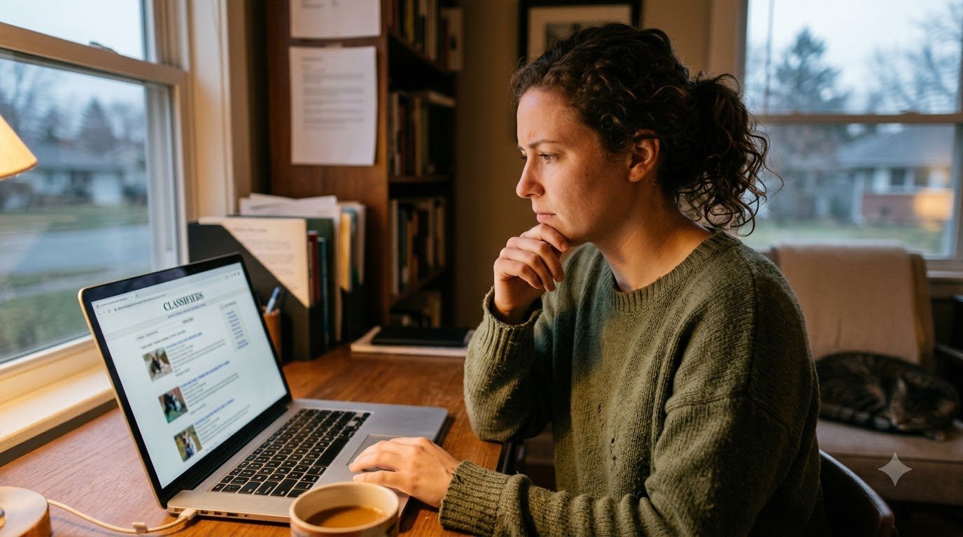 A person browsing an online pet classifieds listing at home