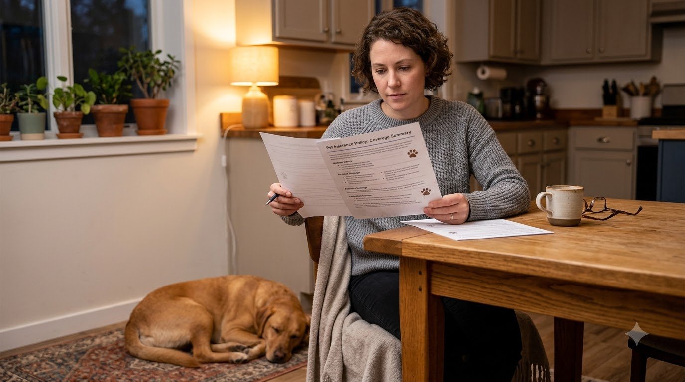 A person reviewing vet documentation alongside a calm dog