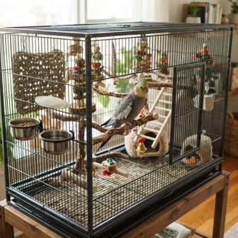 A cockatiel perched inside a spacious multi-level cage