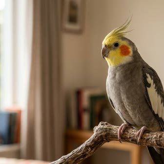 A cockatiel perched on a branch indoors near a window