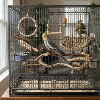 A cockatiel perched on a branch inside its cage with toys