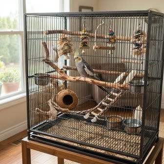 A cockatiel perched inside a cage furnished with natural branches