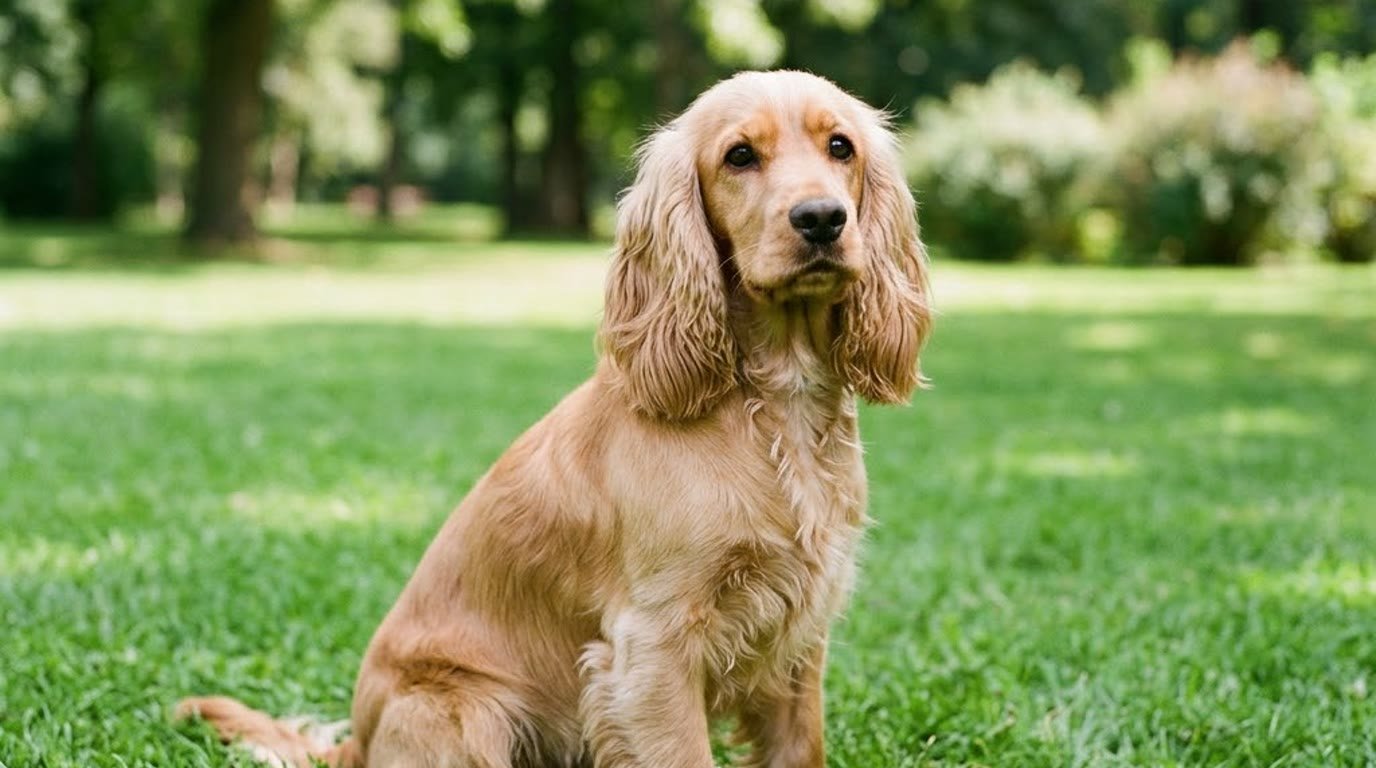 A Cocker Spaniel sitting alertly outdoors on grass