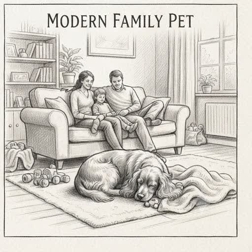 Illustrated sketch of a modern Cocker Spaniel with a family in a present-day home