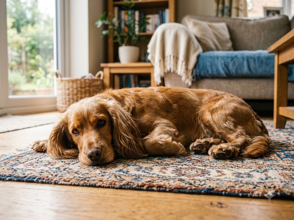 A Cocker Spaniel resting on a rug indoors