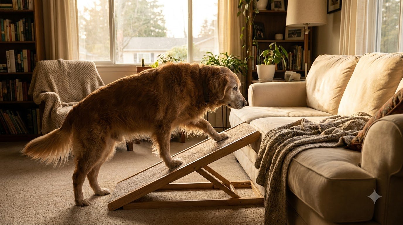 A senior dog walking up a ramp at home