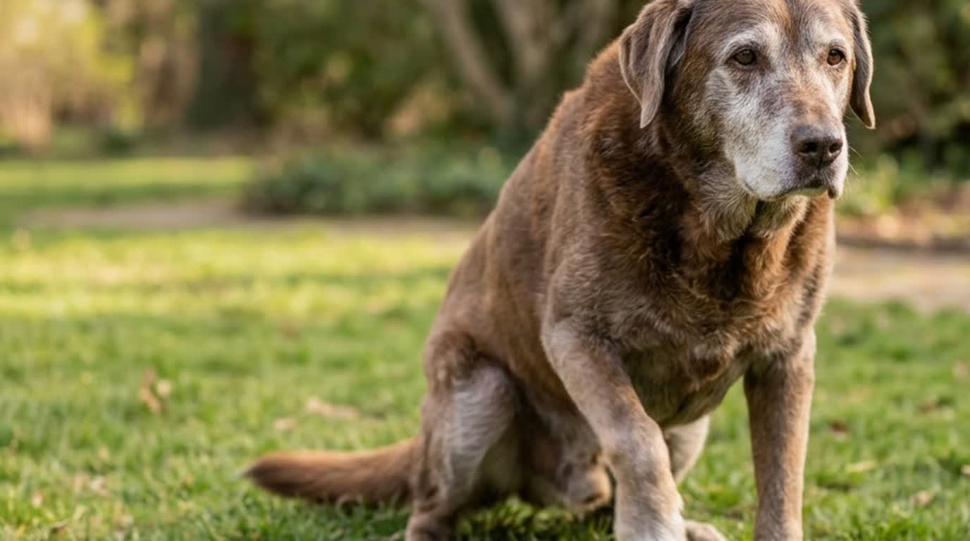 A senior dog resting comfortably on a dog bed at home