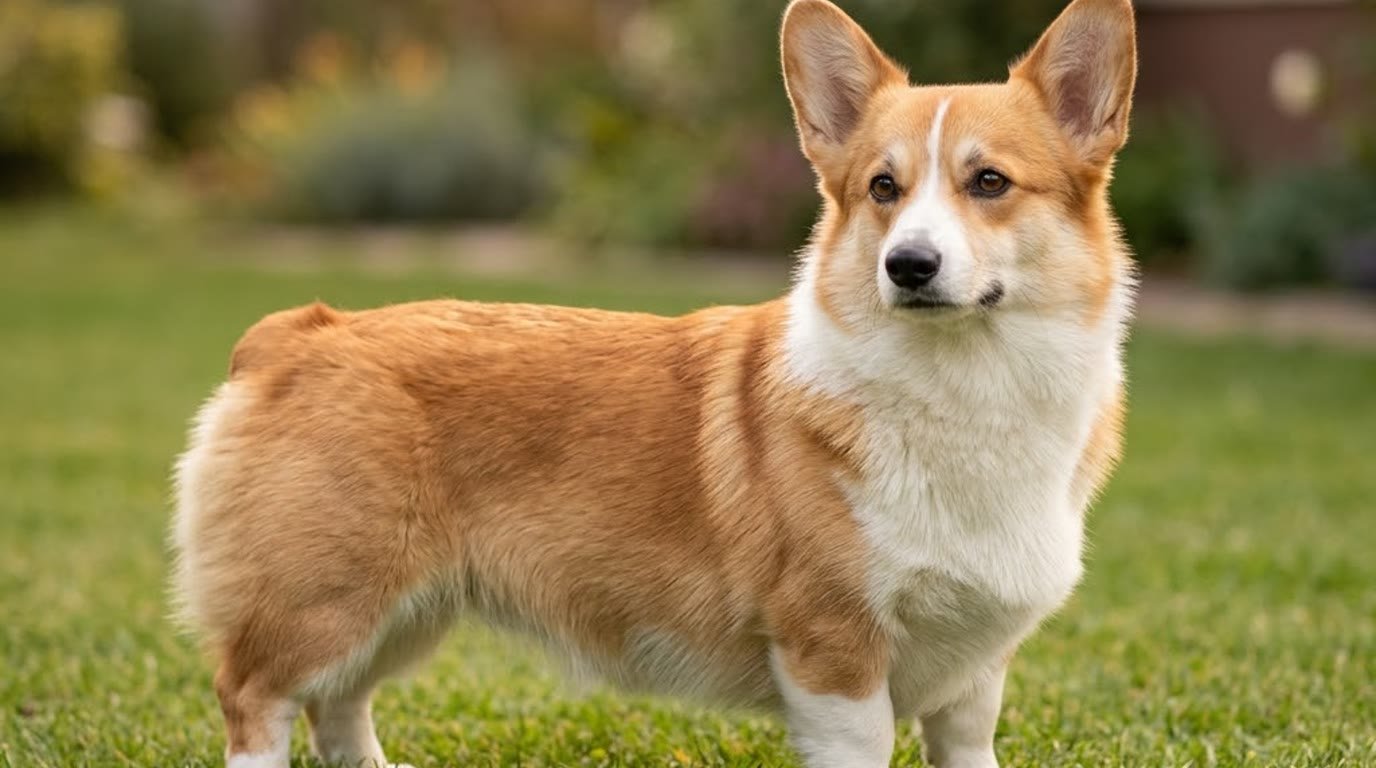 A Pembroke Welsh Corgi standing full body on grass